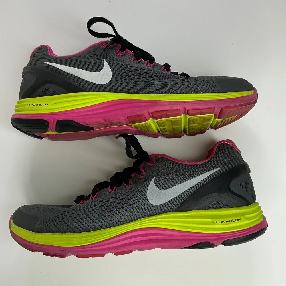 Nike Grey Pink LunarGlide 4 Running Shoes Girls 5Y 525371-001 Lunarlon Neon